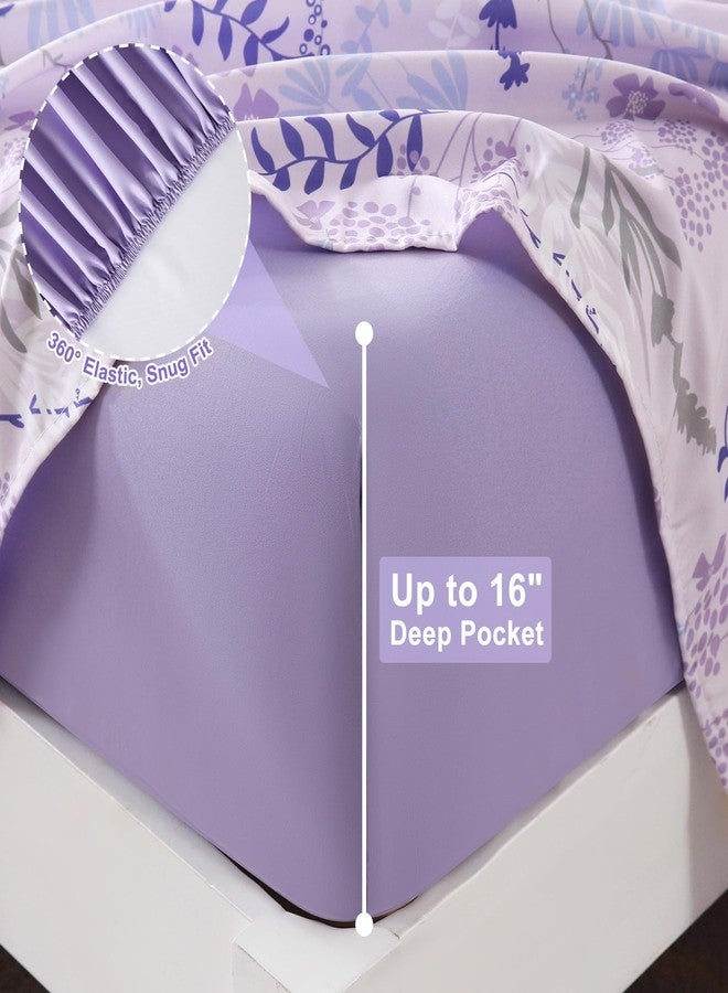Swiftify Botanical 6-Piece Queen Bed Sheets Set, Boho Floral Print Brushed Microfiber Sheets, Cooling Bed Sheet Set, Ultra Soft & Breathable, 16' Deep Pocket Fitted Sheet & Pillowcase Set, Purple Floral - Image 4