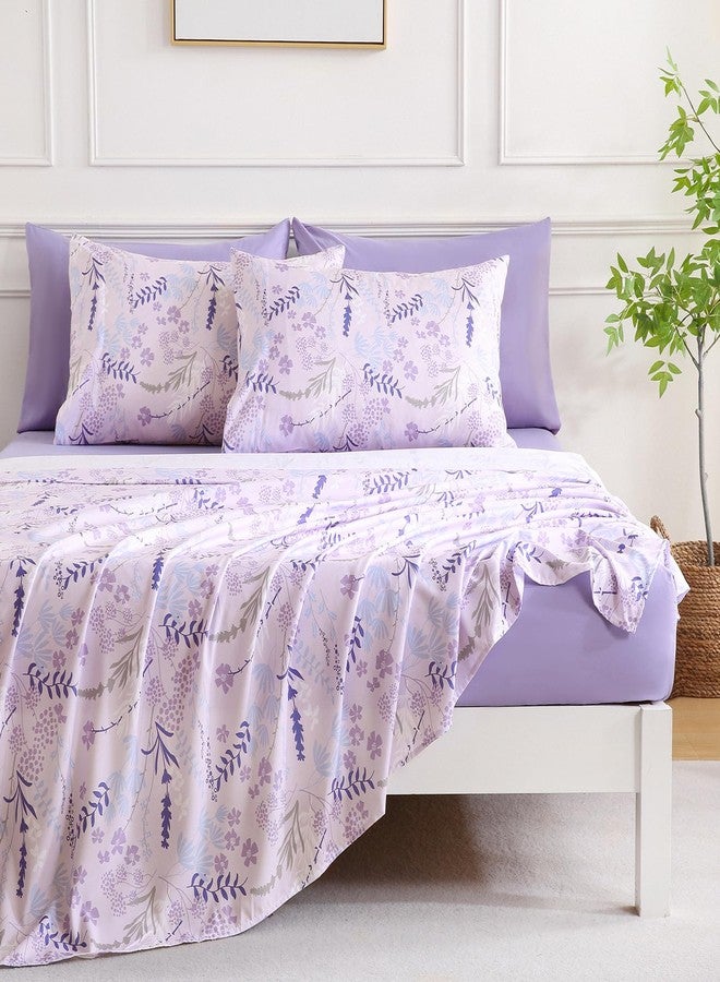 Swiftify Botanical 6-Piece Queen Bed Sheets Set, Boho Floral Print Brushed Microfiber Sheets, Cooling Bed Sheet Set, Ultra Soft & Breathable, 16' Deep Pocket Fitted Sheet & Pillowcase Set, Purple Floral - Image 1