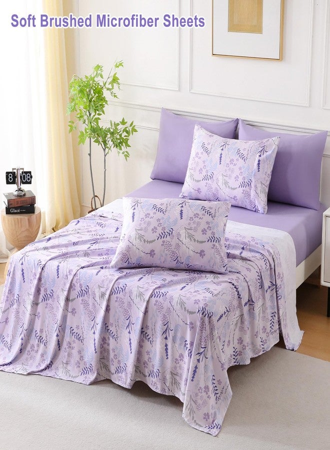 Swiftify Botanical 6-Piece Queen Bed Sheets Set, Boho Floral Print Brushed Microfiber Sheets, Cooling Bed Sheet Set, Ultra Soft & Breathable, 16' Deep Pocket Fitted Sheet & Pillowcase Set, Purple Floral - Image 5