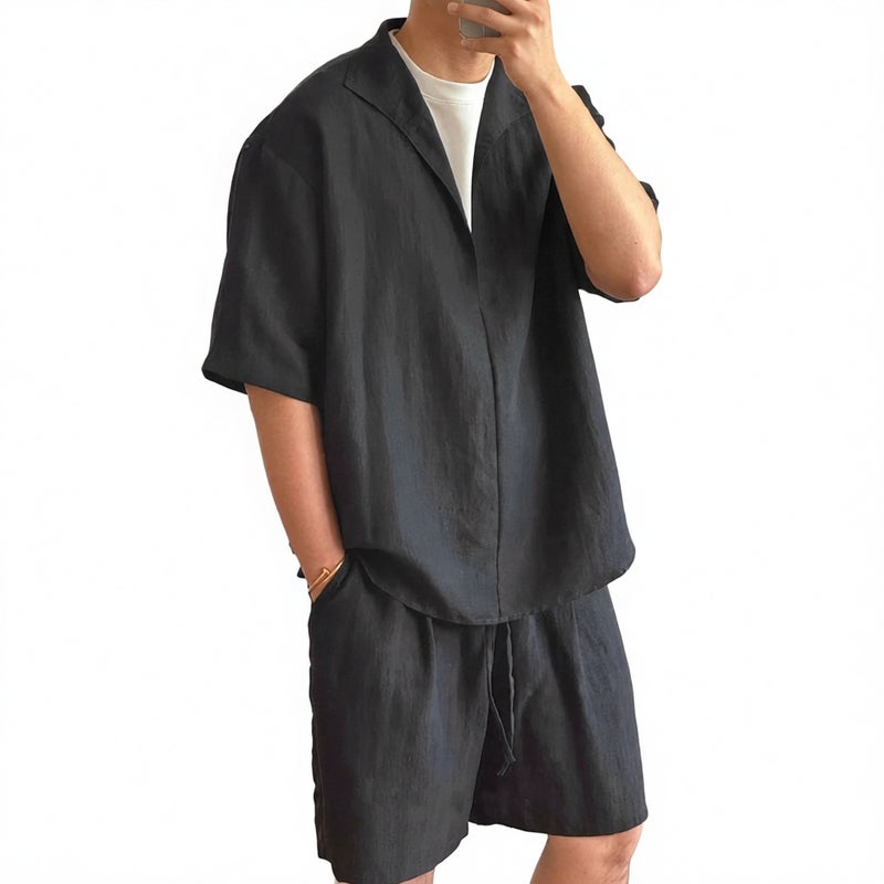 Men's Short Sleeve Shorts Two-Piece Set Summer Casual Loose Fit Quick-Dry Shirt and Pants - Image 1