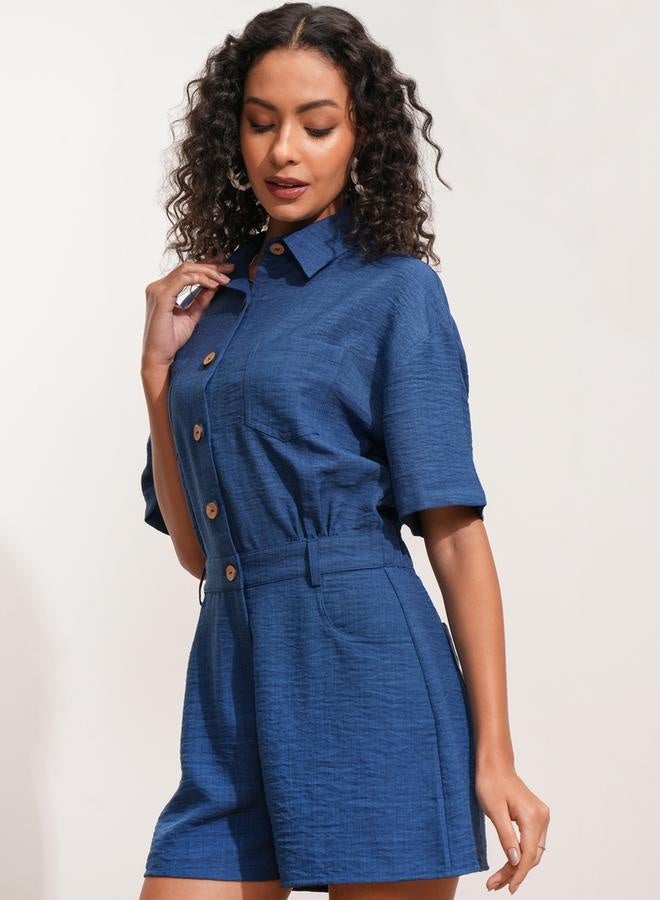 Tokyo Talkies Tokyo Talkies Textured Collared Jumpsuit with Button Detail - Image 1