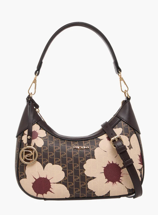 بابريكا Monogram Print Shoulder Bag with Zip Closure