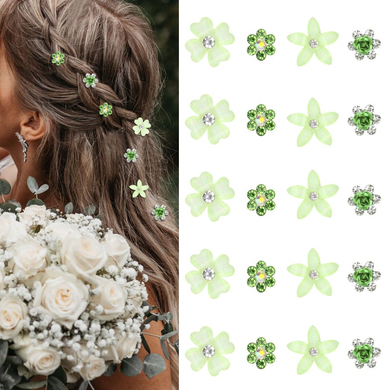 YISSION Green Assorted Mini Flower Hair Clips for Women & Girls, 20Pcs Crystal Floral Hair Barrettes, Versatile Hair Accessories for Wedding Prom Party Daily Hairstyling - Image 1