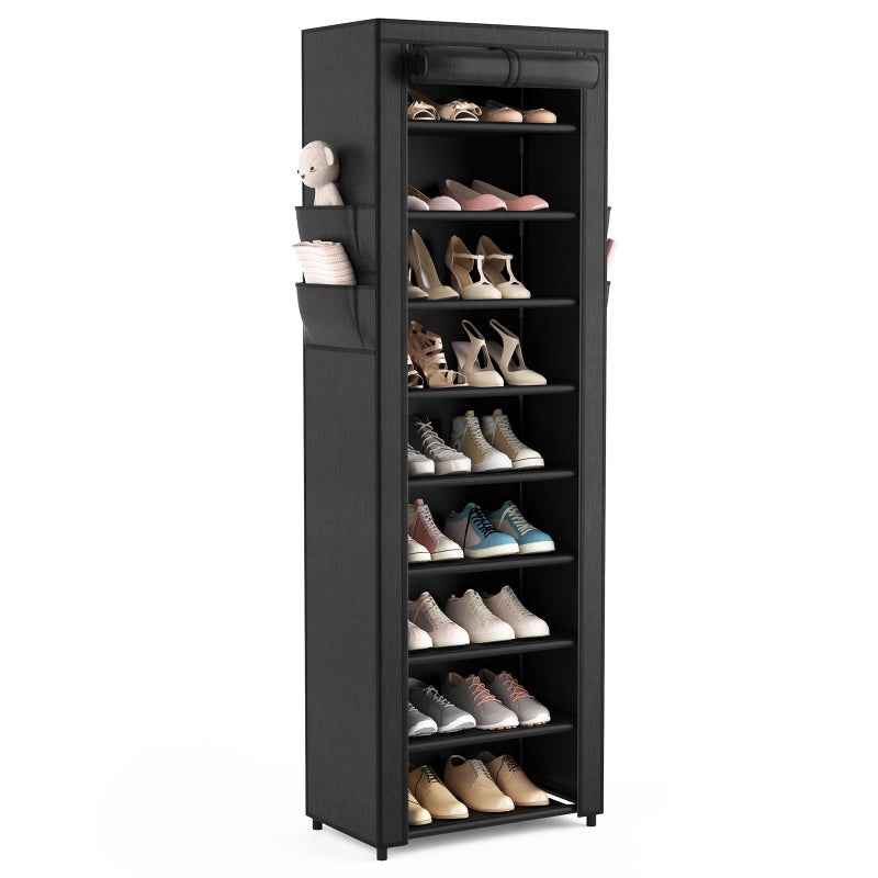 VILICK Shoe Rack with Cover Narrow Shoe Organizer with 4 Side Pockets 10 Tier Tall Shoe Storage Holds 18-22 Pairs Shoes and Boots Shoe Rack for Closet Entryway Garage - Image 1
