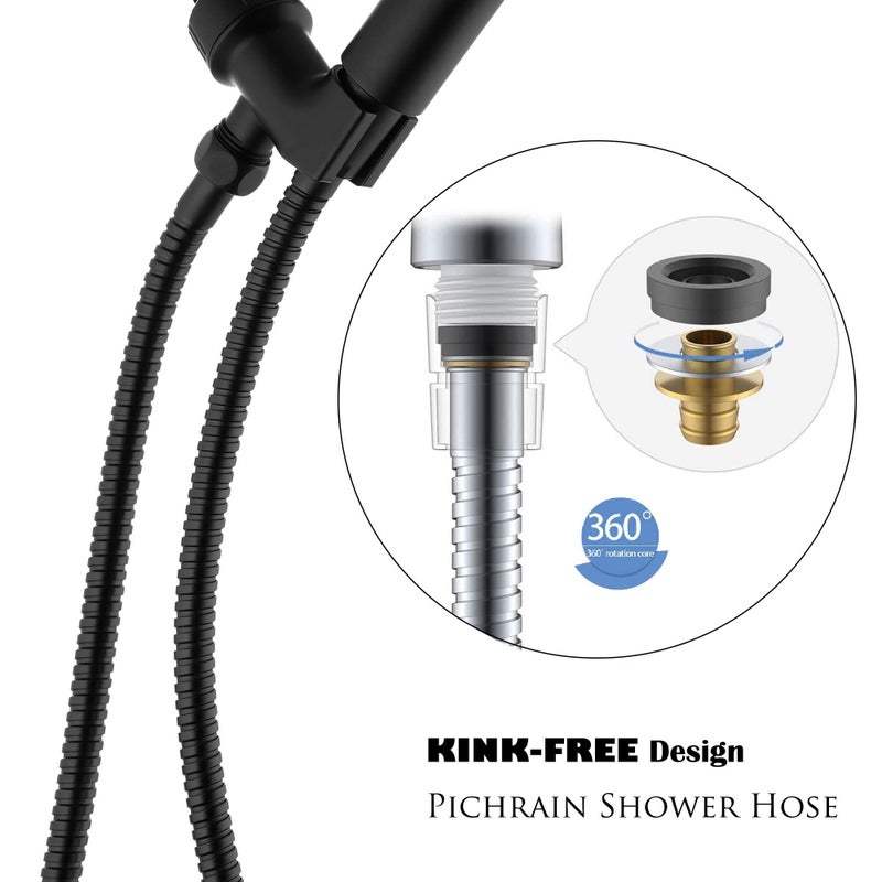 Pichrain Matte Black Shower Hose Replacement, 60 Inch Stainless Steel Handheld Shower Head Hose Extension with Brass Nut and Insert, High Water Pressure Burst Resistance, Kink Free and Flexible - Image 2