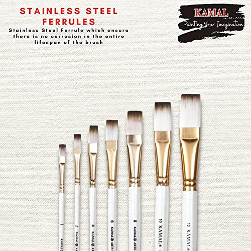 KAMAL Artist Brush Set in Flat tip with White-Brown Taklon/Synthetic bristles Set in Aluminium Ferrule, Wooden Handle Artist Painting Brush for Oil, Nail, Artist Acrylic 7 Painting Brush - Image 4
