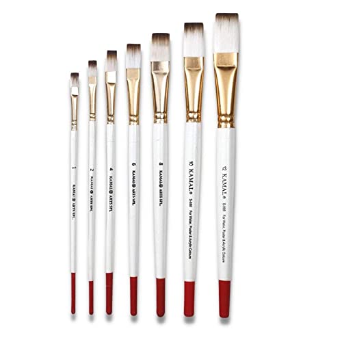 KAMAL Artist Brush Set in Flat tip with White-Brown Taklon/Synthetic bristles Set in Aluminium Ferrule, Wooden Handle Artist Painting Brush for Oil, Nail, Artist Acrylic 7 Painting Brush - Image 1