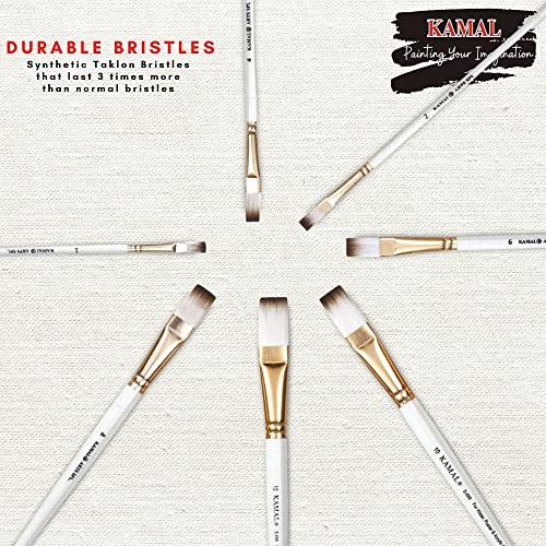 KAMAL Artist Brush Set in Flat tip with White-Brown Taklon/Synthetic bristles Set in Aluminium Ferrule, Wooden Handle Artist Painting Brush for Oil, Nail, Artist Acrylic 7 Painting Brush - Image 3