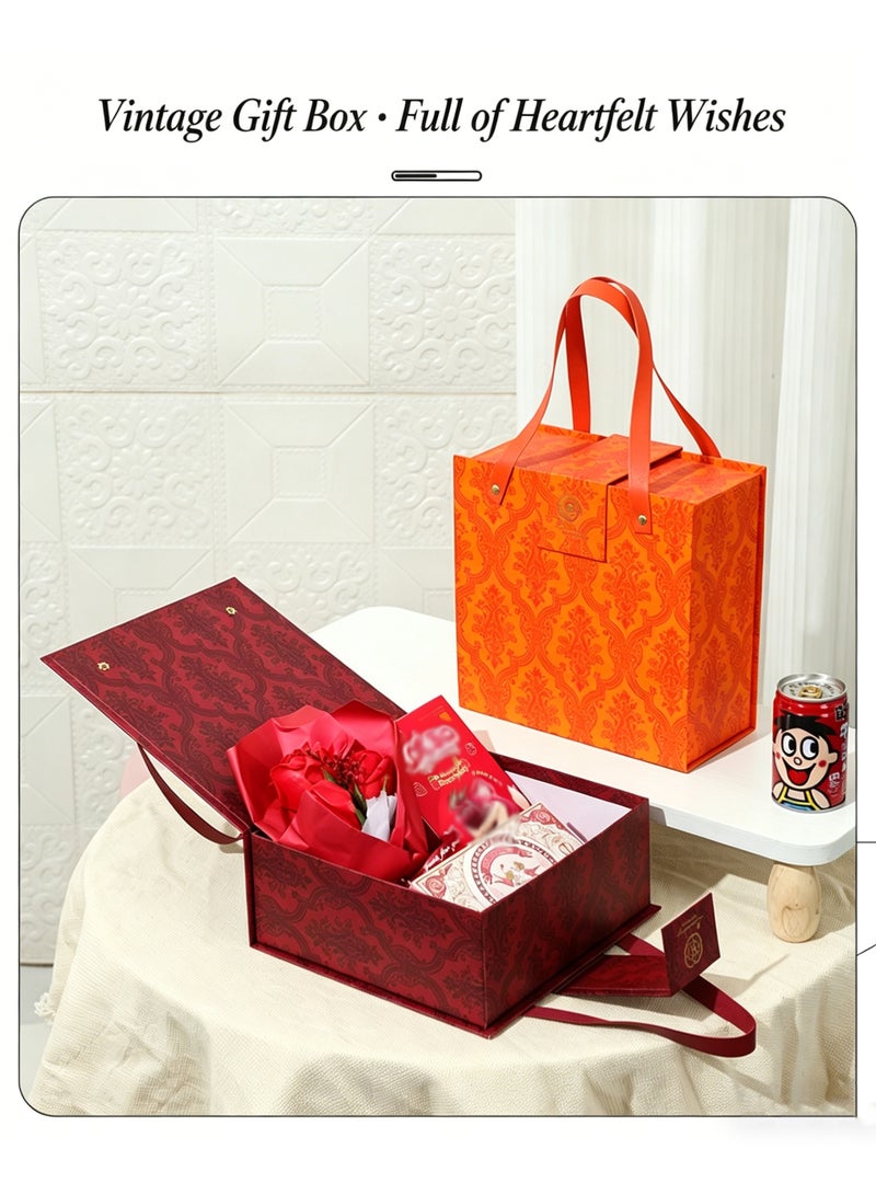 2 Pack Retro Patterned Handheld Gift Boxes with Handles - Red & Orange - Image 5