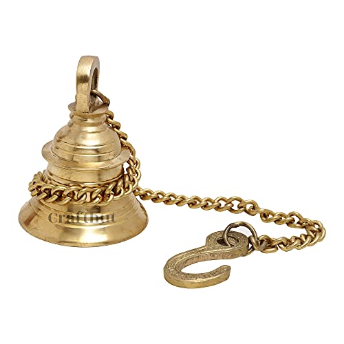 CRAFTHUT Brass Hanging Bell with Chain – Traditional Pooja Ghanti for Temple, Door, Balcony, Porch & Home Decor (3x3x4In) 340g - Image 1