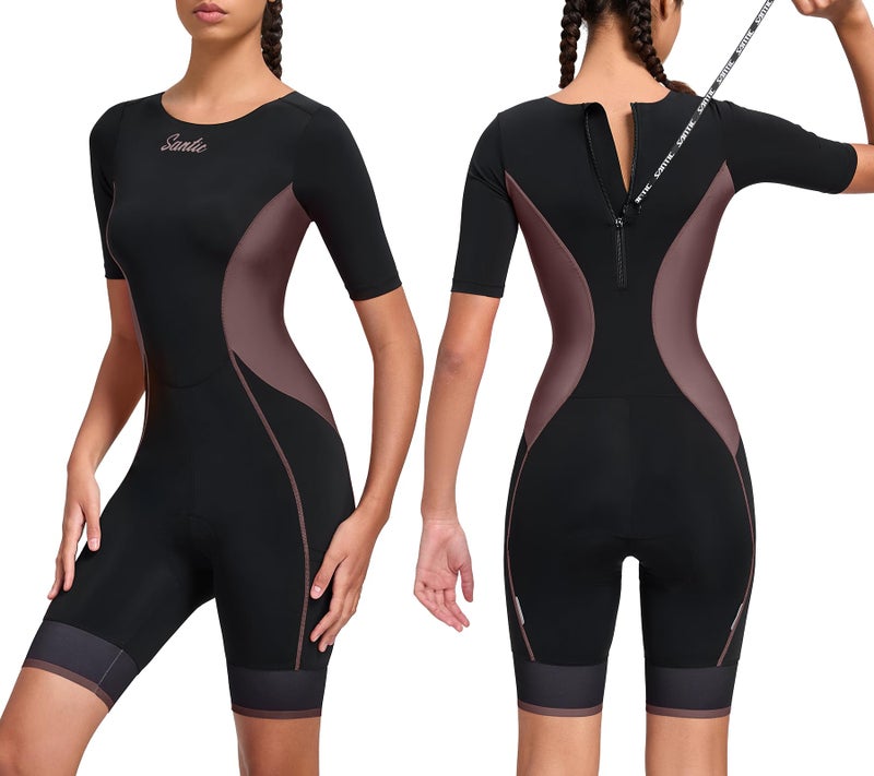 Santic Triathlon Suit for Women Short Sleeve Padded Trisuit QuickDry for Swim Bike RunBrownXL - Image 2