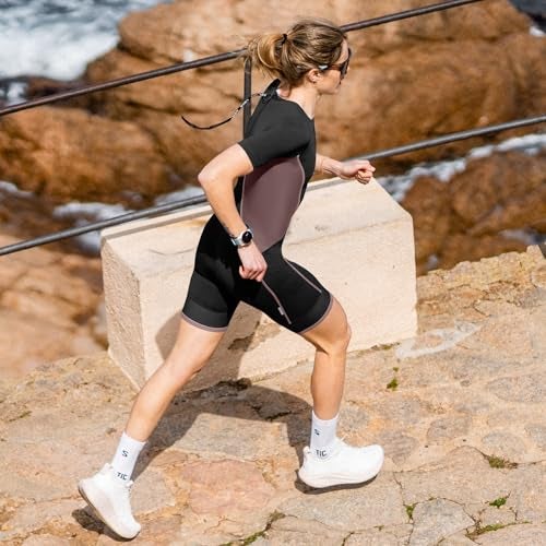 Santic Triathlon Suit for Women Short Sleeve Padded Trisuit QuickDry for Swim Bike RunBrownXL - Image 3