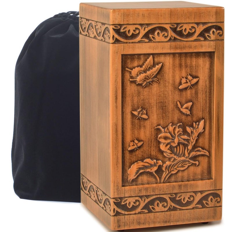 Engmvwod Handmade Wooden Engraved Urn For Human Ashes Adult Male Female Satin Bag Cremation Urns Box (Butterfly(250Lbs)) - Image 1