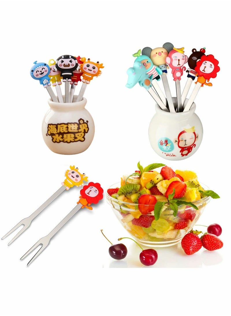 Captaintech Fork, Cartoon Animal Silicone Handle Stainless Steel Kids Salad Reusable With Ceramic Storage Jar Food Toothpicks Suitable For Dessert Snacks  - Image 1