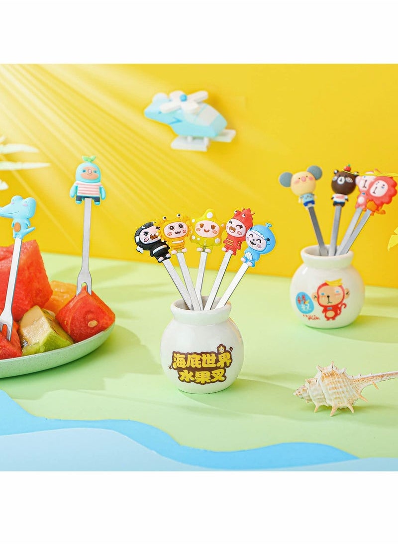 Captaintech Fork, Cartoon Animal Silicone Handle Stainless Steel Kids Salad Reusable With Ceramic Storage Jar Food Toothpicks Suitable For Dessert Snacks  - Image 2