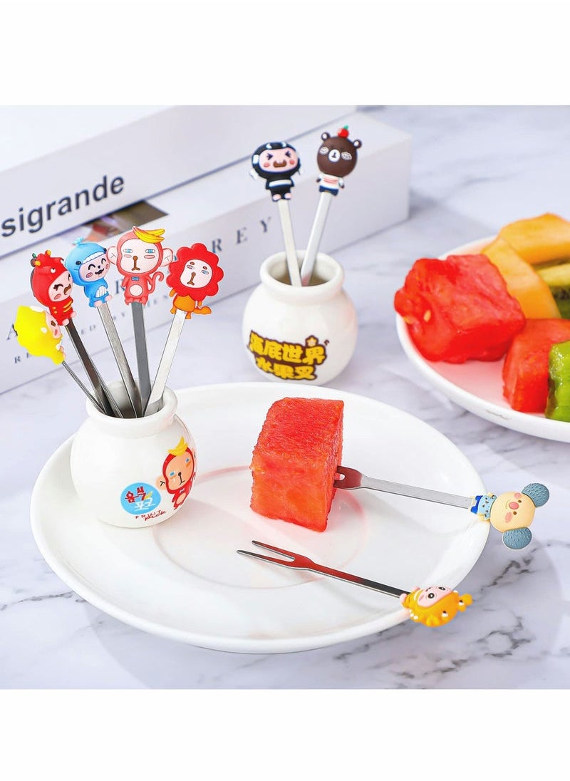 Captaintech Fork, Cartoon Animal Silicone Handle Stainless Steel Kids Salad Reusable With Ceramic Storage Jar Food Toothpicks Suitable For Dessert Snacks  - Image 3