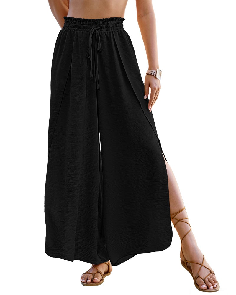 Bsubseach Swim Beach Cover Up Pants for Women Flowy Pant Wide Leg Bathing Suit Coverup Swimsuit Palazzo with Slits Black - Image 1