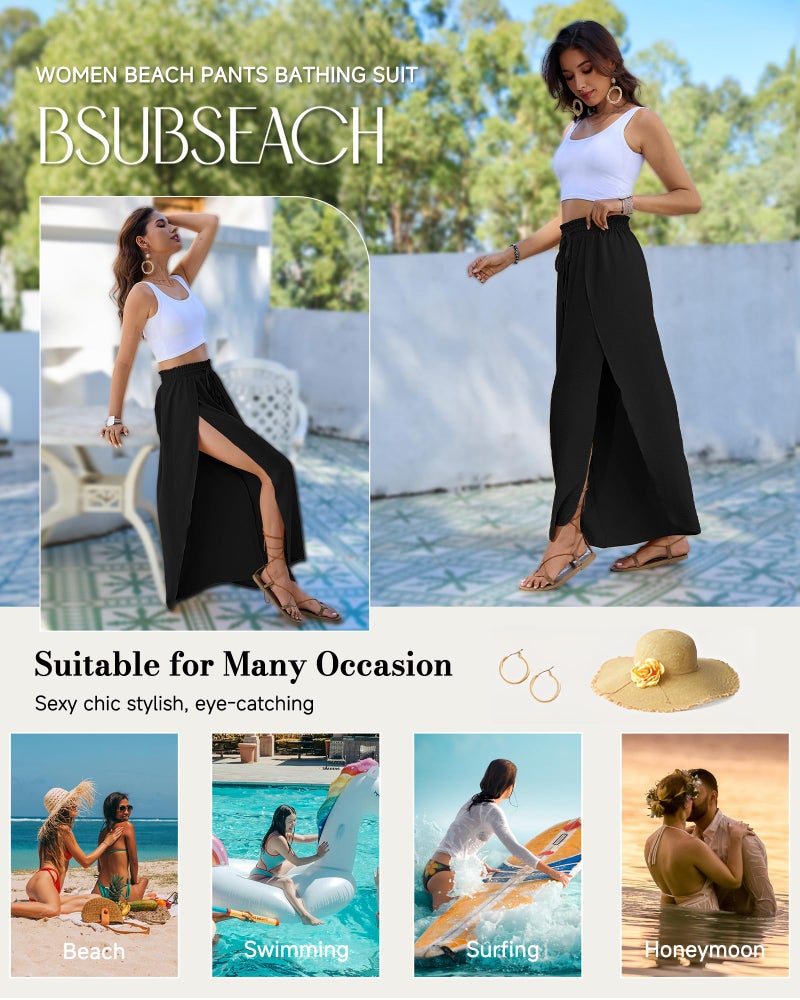 Bsubseach Swim Beach Cover Up Pants for Women Flowy Pant Wide Leg Bathing Suit Coverup Swimsuit Palazzo with Slits Black - Image 5
