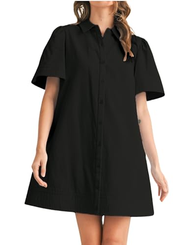 Meyhad Womens Short Sleeve Button Down Mini Shirt Dress Lapel Collar Short Dresses with Pocket(0942-Black-M) - Image 1