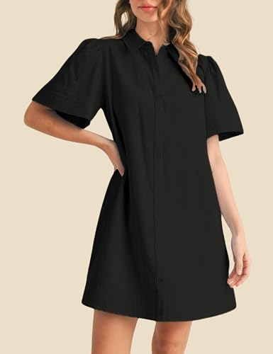 Meyhad Womens Short Sleeve Button Down Mini Shirt Dress Lapel Collar Short Dresses with Pocket(0942-Black-M) - Image 3