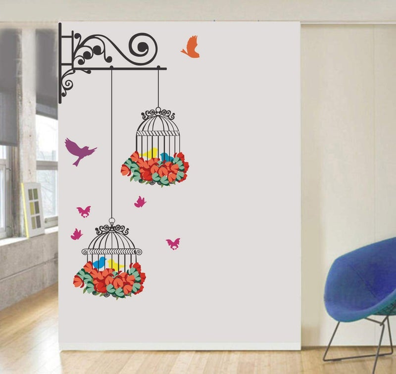 Decor Villa PVC Vinyl CAGE and Birds 3D Wall Sticker JUST Peel Stick New Modern Art Trendy Wall Stickers for Home Decoration Living RoomOffice Bedroom etc Size 58 CM X 58 CM Multicolor