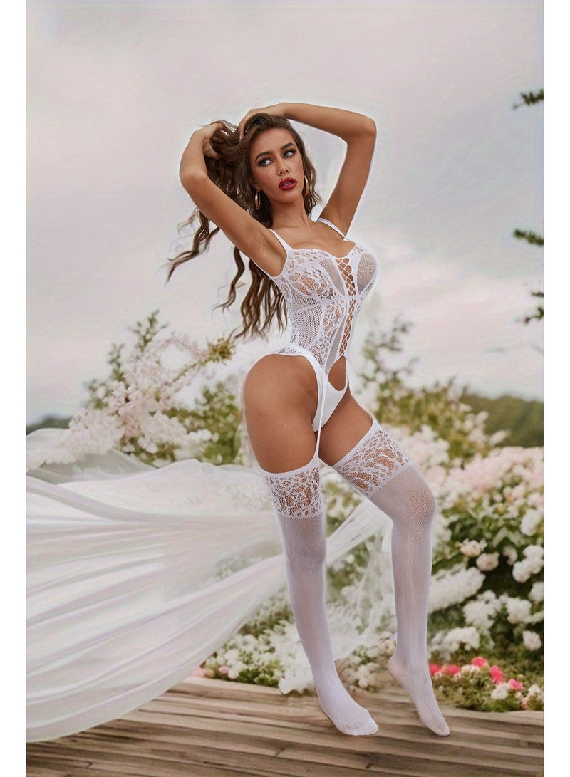 بدلة داخلية مثيرة من الدانتيل مع جوارب، مجموعة ملابس داخلية شبكية شفافة للنساء - Image 3