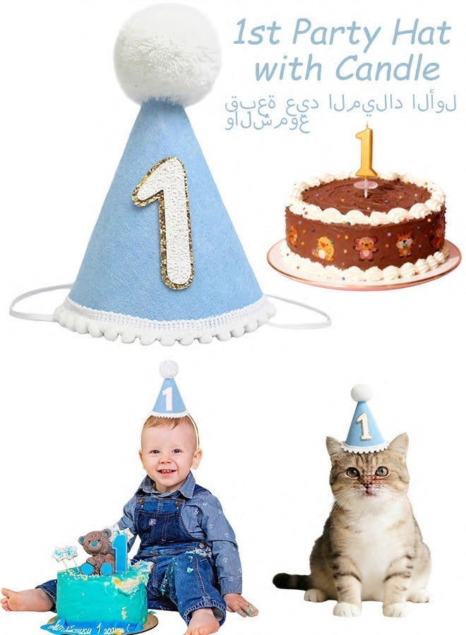 Soft Blue 1st Birthday Cone Hat with 1st Birthday Candle for Baby Boys Neutral Fabric First Birthday Party Hat for Cake Smash Photoshoots First Birthday Celebrations Milestone Portraits Party Outfits Birthday Decor Props - Image 1