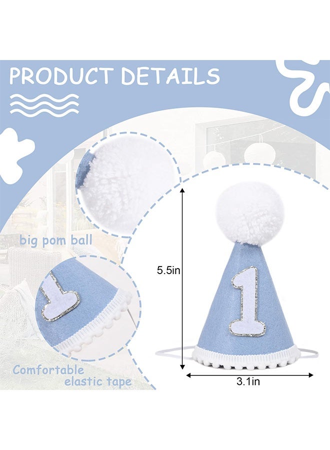 Soft Blue 1st Birthday Cone Hat with 1st Birthday Candle for Baby Boys Neutral Fabric First Birthday Party Hat for Cake Smash Photoshoots First Birthday Celebrations Milestone Portraits Party Outfits Birthday Decor Props - Image 5