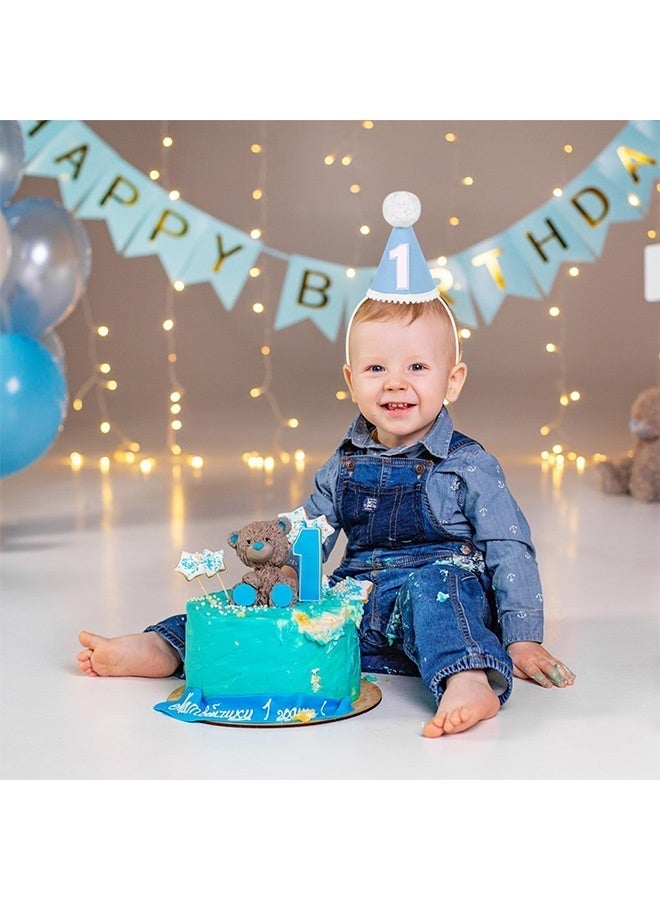 Soft Blue 1st Birthday Cone Hat with 1st Birthday Candle for Baby Boys Neutral Fabric First Birthday Party Hat for Cake Smash Photoshoots First Birthday Celebrations Milestone Portraits Party Outfits Birthday Decor Props - Image 2