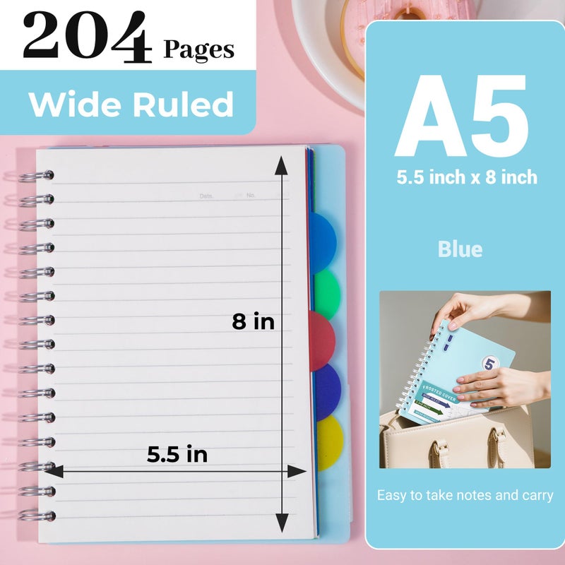 FLYING EAGLE 5 Subject Notebook Wide Ruled Spiral Notebook 5x7, A5 Small Notebook with Remoable Dividers, Hardcover Notebooks for Work, 204 Pages Lined Journal for Women,Teal Blue - Image 3