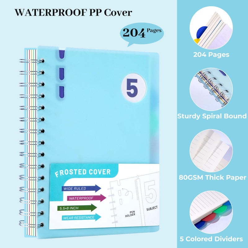 FLYING EAGLE 5 Subject Notebook Wide Ruled Spiral Notebook 5x7, A5 Small Notebook with Remoable Dividers, Hardcover Notebooks for Work, 204 Pages Lined Journal for Women,Teal Blue - Image 2