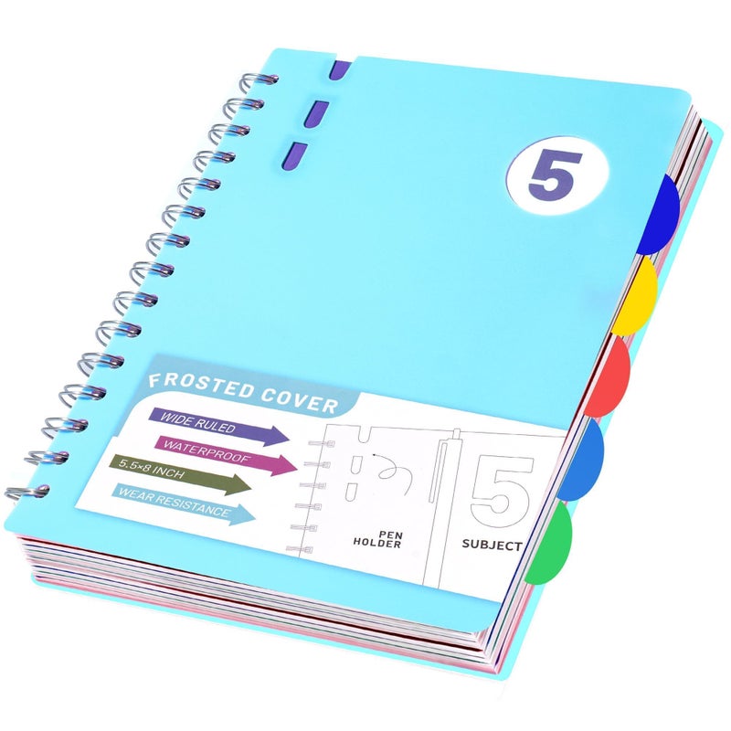 FLYING EAGLE 5 Subject Notebook Wide Ruled Spiral Notebook 5x7, A5 Small Notebook with Remoable Dividers, Hardcover Notebooks for Work, 204 Pages Lined Journal for Women,Teal Blue - Image 1