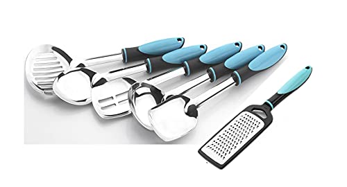 ZUNBELLA Stainless Steel Serving Cooking Spoons with Plastics Handle Set of 5 pc Combo Blue and Lemon Zester Cheese Grater Cheese Lemon Ginger Garlic Stainless Steel Dishwasher - Image 1