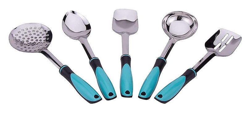 ZUNBELLA Stainless Steel Serving Cooking Spoons with Plastics Handle Set of 5 pc Combo Blue and Lemon Zester Cheese Grater Cheese Lemon Ginger Garlic Stainless Steel Dishwasher - Image 4
