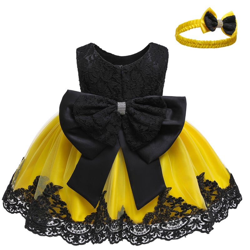 New European and American girls dinner performance bow lace dress large childrens evening dress wholesale yellow