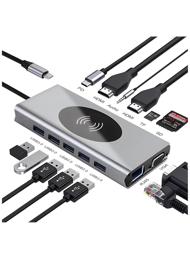 FIRST PRO 14-in-1 USB C Adapter, USB C Type Hub with 4K HDMI, VGA, Type C PD, 4 USB 3.0 ports, RJ45 Ethernet, SD & TF Card Readers, Wireless Charging, 3.5mm AUX, Docking Station with Aluminum body  - Image 1