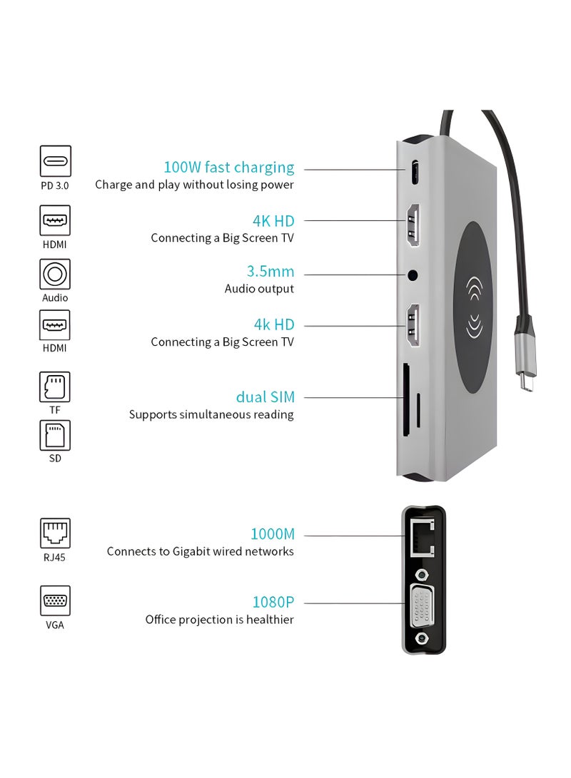 FIRST PRO 14-in-1 USB C Adapter, USB C Type Hub with 4K HDMI, VGA, Type C PD, 4 USB 3.0 ports, RJ45 Ethernet, SD & TF Card Readers, Wireless Charging, 3.5mm AUX, Docking Station with Aluminum body  - Image 2