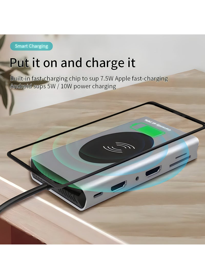 FIRST PRO 14-in-1 USB C Adapter, USB C Type Hub with 4K HDMI, VGA, Type C PD, 4 USB 3.0 ports, RJ45 Ethernet, SD & TF Card Readers, Wireless Charging, 3.5mm AUX, Docking Station with Aluminum body  - Image 3