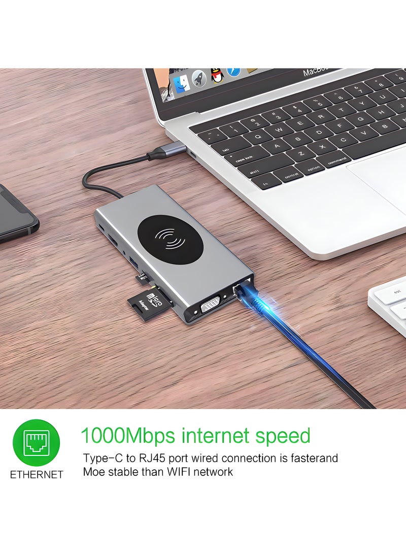 FIRST PRO 14-in-1 USB C Adapter, USB C Type Hub with 4K HDMI, VGA, Type C PD, 4 USB 3.0 ports, RJ45 Ethernet, SD & TF Card Readers, Wireless Charging, 3.5mm AUX, Docking Station with Aluminum body  - Image 4