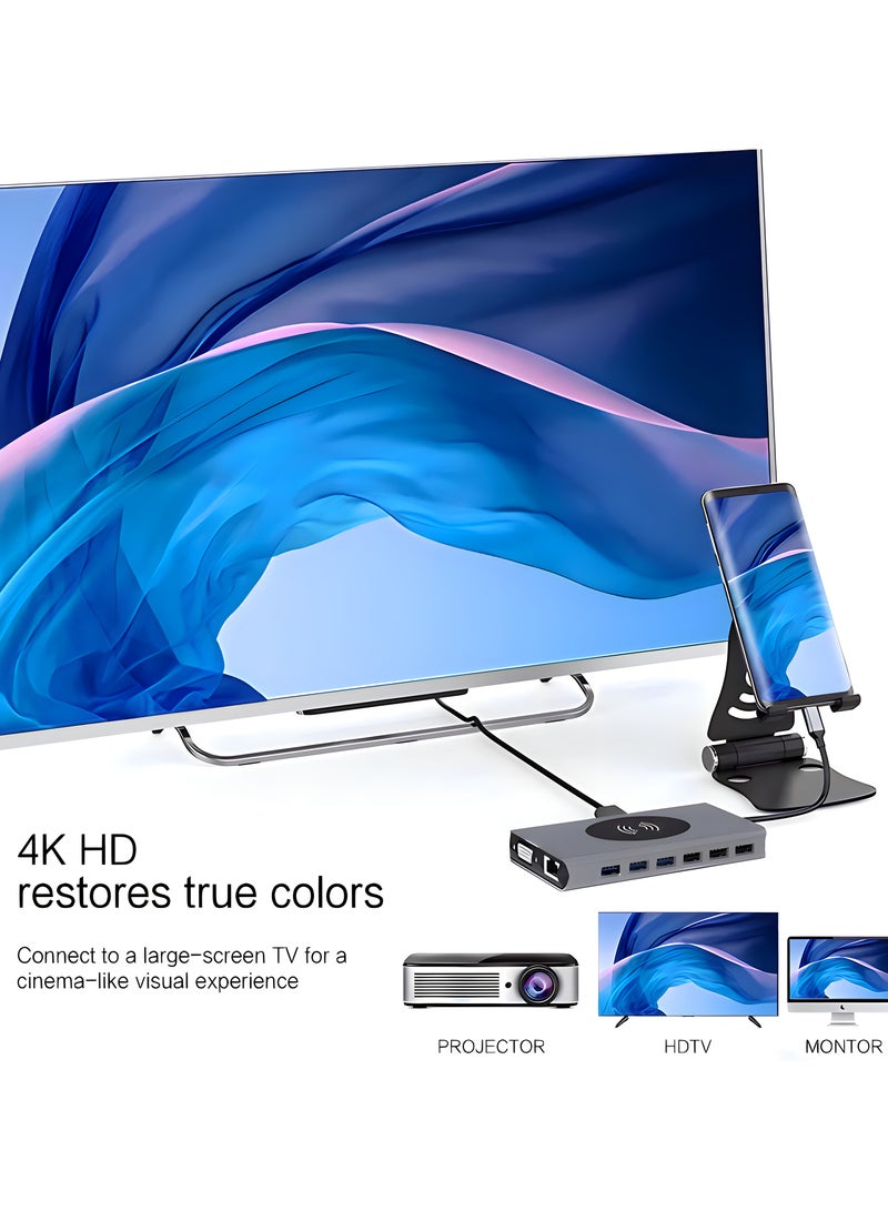 FIRST PRO 14-in-1 USB C Adapter, USB C Type Hub with 4K HDMI, VGA, Type C PD, 4 USB 3.0 ports, RJ45 Ethernet, SD & TF Card Readers, Wireless Charging, 3.5mm AUX, Docking Station with Aluminum body  - Image 5