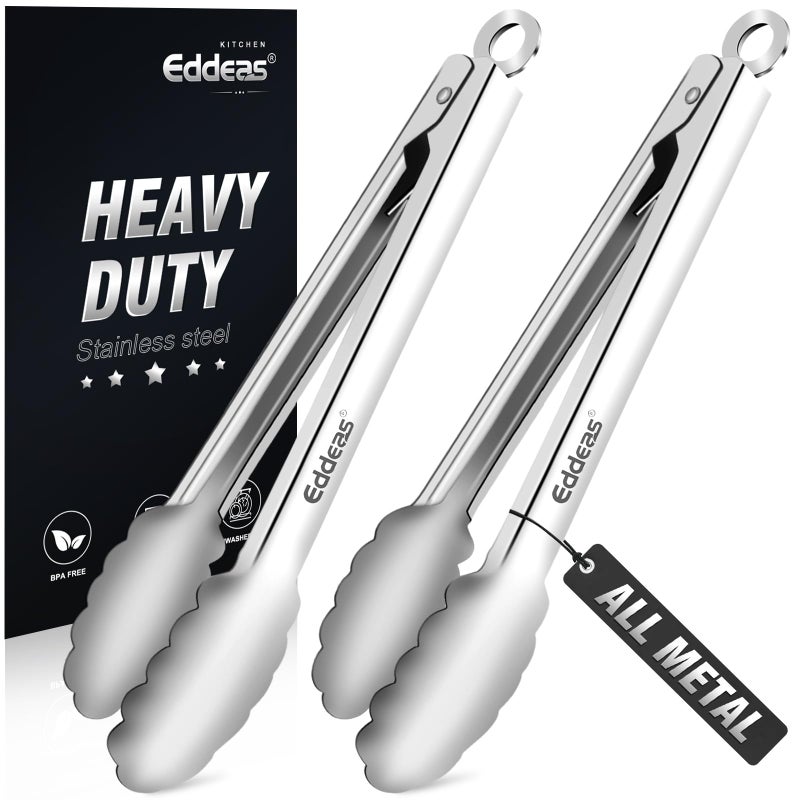 Eddeas 2PCS 9inch Tongs for Cooking - Heat Resistant 600 Degree Kitchen Tongs, Heavy Duty All Metal Food Tongs, Stainless Steel and Non-Slip handle, Salad, Grilling, Barbecue, Dishwasher safe - Image 1
