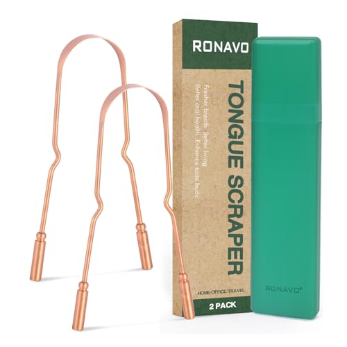 RONAVO Copper Tongue Scraper for Adults (2 Pack), 100% Pure Copper, Naturally Anti-Microbial, Banishes Bad Breath and Maintains Oral Hygiene, Tongue Cleaner with Travel Case, Easy to Use and Clean - Image 1
