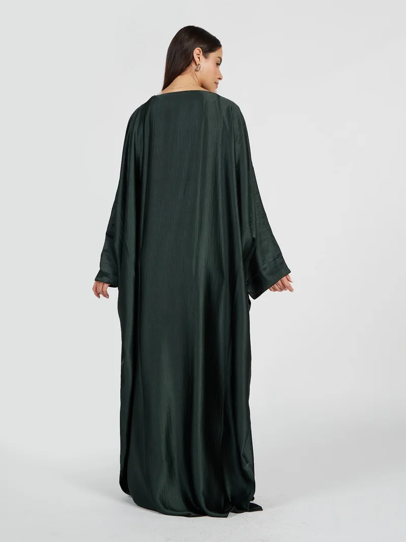Reem Abayas  Emerald Green Forest Satin Kaftan for Women | Best Price UAE
