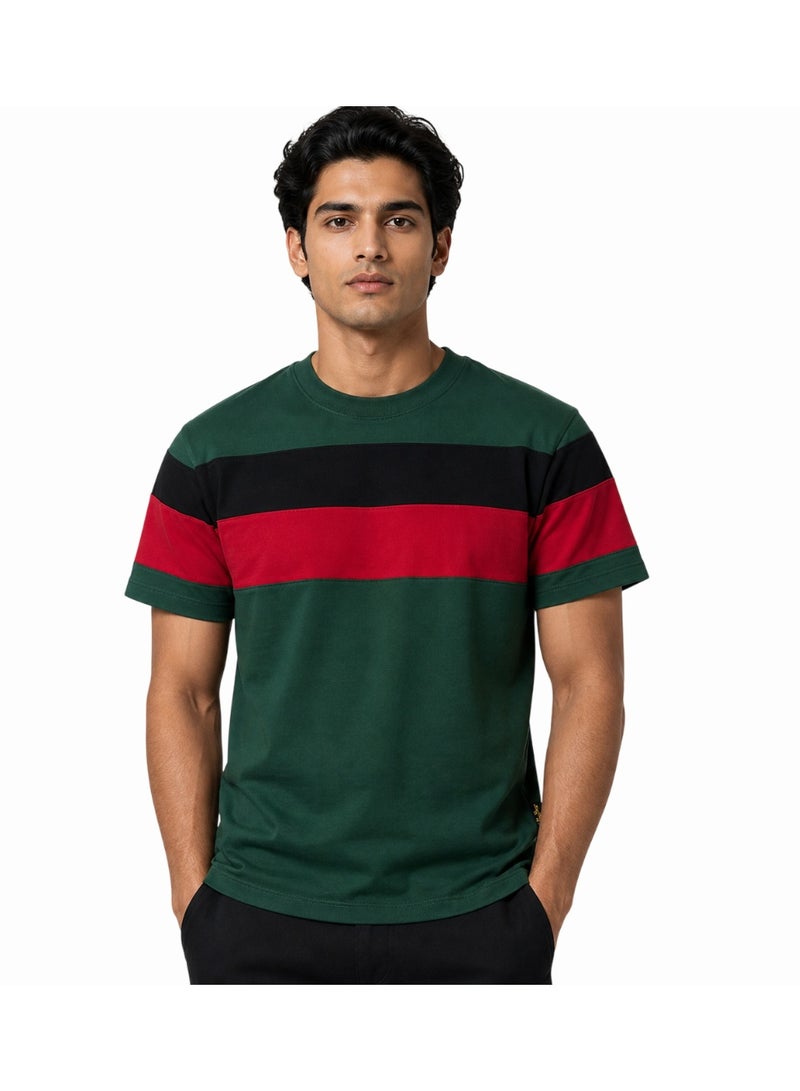 Timeless Men’s Premium Cotton T-Shirt – Soft Breathable Color Block Green Red Black Crew Neck Casual Tee - Image 1