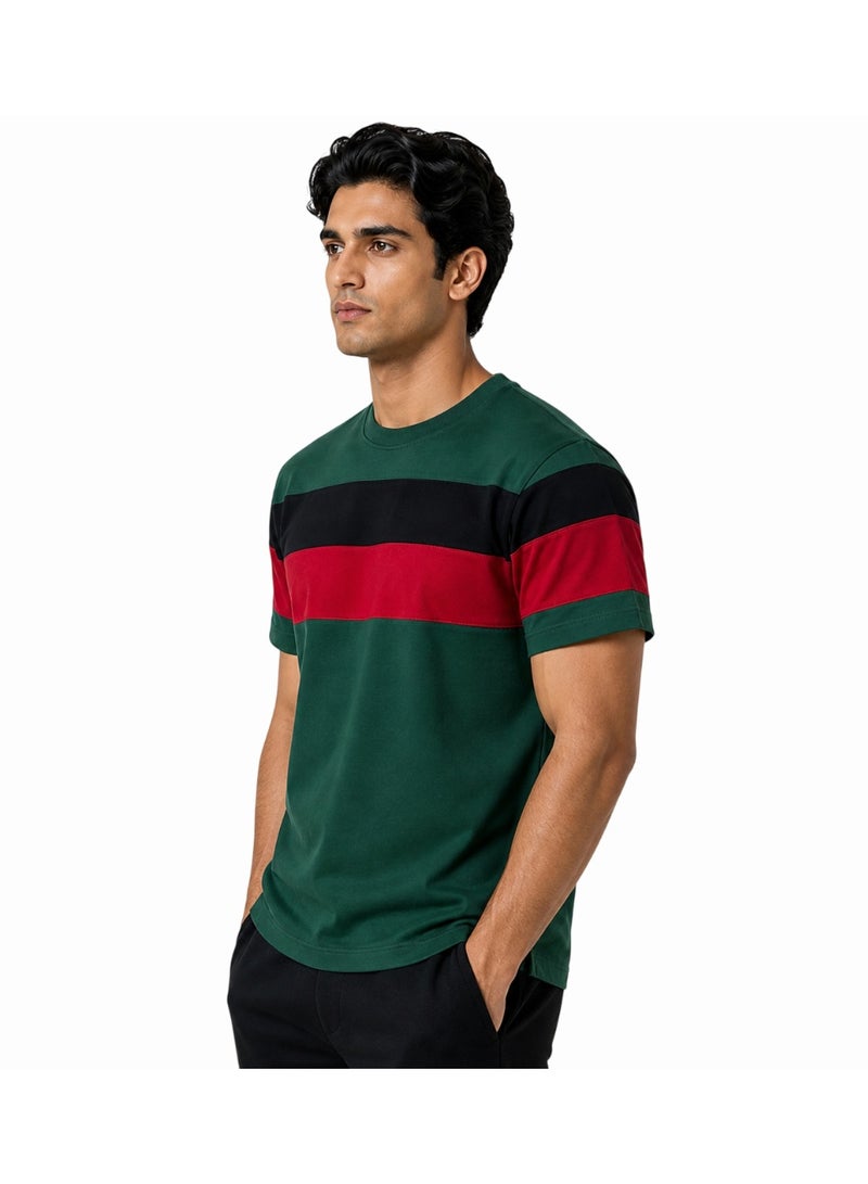 Timeless Men’s Premium Cotton T-Shirt – Soft Breathable Color Block Green Red Black Crew Neck Casual Tee - Image 4