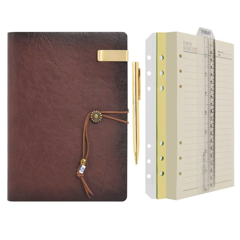 WONDERPOOL Leather Journal A5 Refillable 6 Ring Binder Notebook with Lined Paper and Pen,Writing Diary for Work Travel and Agenda Plan (A5, Brown)