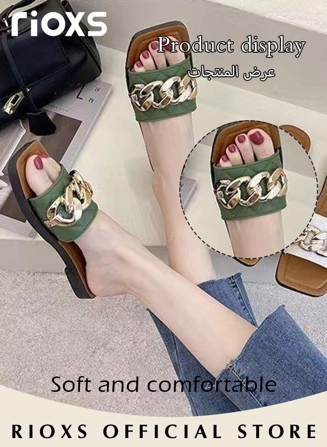 RIOXS Women's Summer Flat Slippers, Non-Slip Open-toe Beach Sandals, Plain Sliders with Metal Chain, Soft Thick-soled Sandals, Fashionable Women's Slide Sandal for Indoor Or Outdoor Use, Easy to Wear for All Day Long  - Image 3