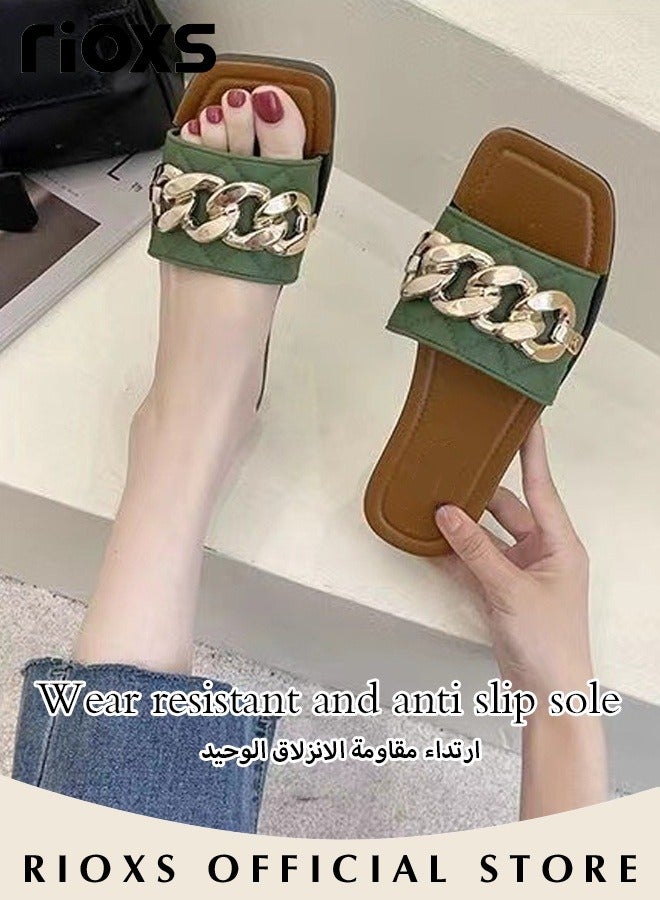 RIOXS Women's Summer Flat Slippers, Non-Slip Open-toe Beach Sandals, Plain Sliders with Metal Chain, Soft Thick-soled Sandals, Fashionable Women's Slide Sandal for Indoor Or Outdoor Use, Easy to Wear for All Day Long  - Image 4