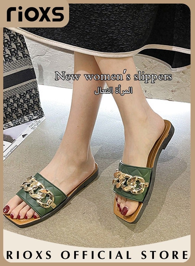 RIOXS Women's Summer Flat Slippers, Non-Slip Open-toe Beach Sandals, Plain Sliders with Metal Chain, Soft Thick-soled Sandals, Fashionable Women's Slide Sandal for Indoor Or Outdoor Use, Easy to Wear for All Day Long  - Image 2