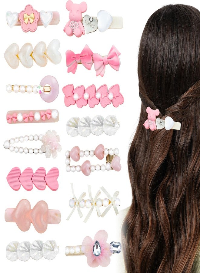Arvintas 15PCS Kawaii Hair Clips for Girl and Women, 2.56 inch Fashion Cartoon Hair Clips Set, Cute Pearl Acrylic Resin Hair Accessories for Teen Toddler - Image 1